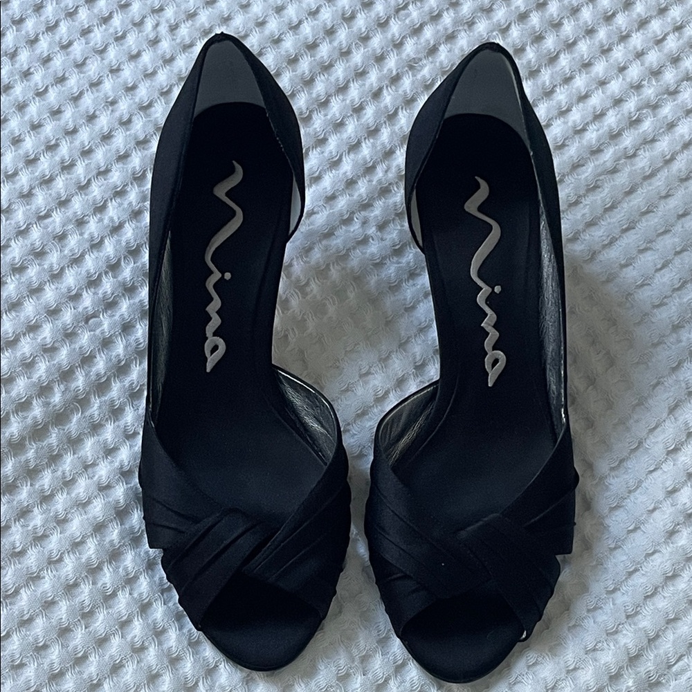 Nina Black Satin Peep-Toe Heels